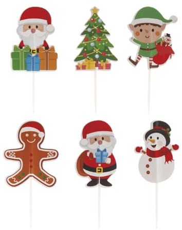 dekora – 30 Cake Toppers Weihnachten (6 Modelle) – Tortendeko und Cupcake Dekoration mit lebensmittelechtem Kunststoffstab – Weihnachtsdeko für Kuchen und Desserts