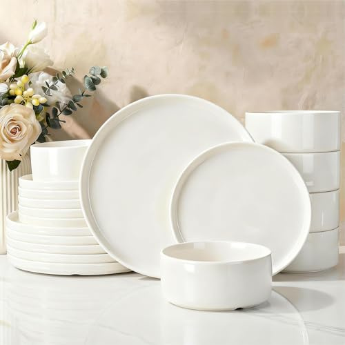 Richmount Dinner Sets for 6 People, 18 Pieces Modern Porcelain Plates and Bowls Set, Dinnerware Sets Chip Resistant, Microwave & Dishwasher Safe, Ceramic Dish Set Service for 6, White