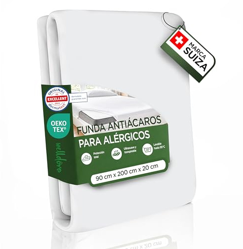 Welldora | Housse de Matelas Anti Acarien de Première Qualité | Protège Matelas Anti Allergies Testé| Housse avec Fermeture Éclair | Linge de Lit pour Personnes Allergiques (90x200x20cm)