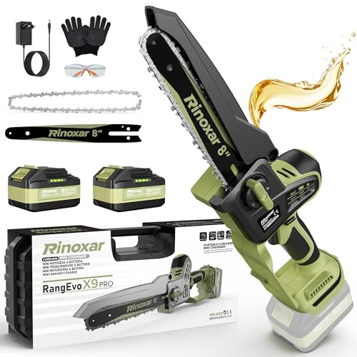 Motosega a Batteria 8 Pollici, Motosega Elettrica con 2×5200 mAh Batterie, Motore Brushless, Lubrificazione Automatica, Tensionamento Catena Senza Attrezzi, Sega per Potatura Legno e Rami