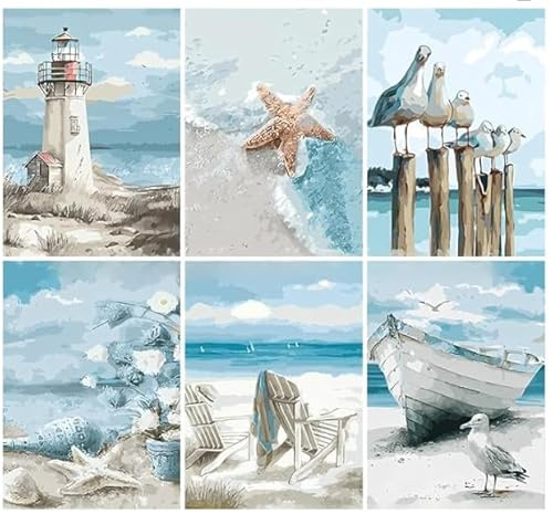 VorIrydian Lot de 6 peintures par numéros pour adultes, Peinture par numéros, Paysage au bord de la mer, avec 6 pinceaux et peinture acrylique, Peinture par numéros, Sans cadre 20 x 30 cm