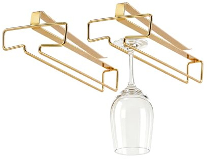 GLOBLELAND 2 Stück Goldener Weinglashalter Unter Dem Schrank Kein Bohren Stemware Rack hängende Stielglashalter Metallorganizer Für Hausbar Küche Bar Restaurant