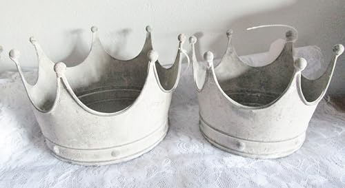 Generisch 2er Set Krone Kronen hell grau bepflanzbar 16cm und 20 cm Durchmesser, Used-Look, Pflanzkrone Metall, Landhausdeko Pflanzgefäß Übertopf Gartendeko, Vintage Look