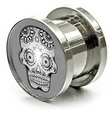 LED Totenkopf Flesh Tunnel Ohr-Plug/Skull Flesh Leuchtender Plug Tunnel Piercing mit Licht Länge 10 mm, Farbe Weiß