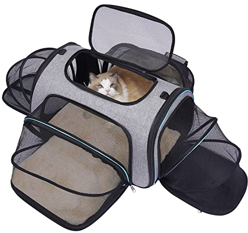 Erweiterbare Transporttasche Katze, Welpen, Öffnung an 4 Seiten, erweiterbar, Flugzeug-genehmigt, reisefreundlich, faltbar, weiches Fleece-Bett für Haustiere, Transportbox, 45x28x28cm
