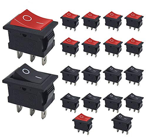 Senven 20 interruttori a bilanciere, mini AC a 3 pin 6 A / 250 V, 10 A/125 V ON/OFF, per auto, marina, interruttori elettronici domestici (rosso+10 nero+10)