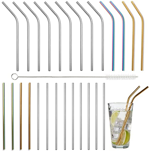 Oak & Steel - 26 Pailles Réutilisables En Acier Inoxydable Multicolore - Courbées Et Droites, Avec 4 Brosses De Nettoyage - Parfaites Pour Tout, Des Smoothies Aux Cocktails