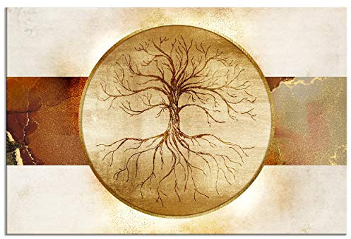 decomonkey - Impression sur Toile Arbre 120x80 1 Pièce - Tableau Décoration Appartement Cadre en Bois Déco Salon Peinture sur Toile Maison Abstraction arbres cercles nature texture fond doré