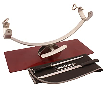 Soporte jamonero New Generation basculante con herraje Inoxidable y base de acero color cerezo mas set de corte, chuchillo jamonero, chaira y cubre jamón negro