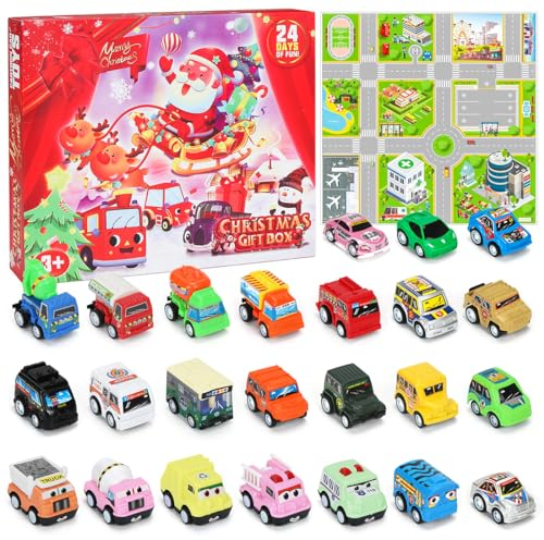 Adventskalender 2024 Autos Kinder, Weihnachtskalender Cars 2024 Jungen, 24 Stück Willkürlich Auto Weihnachtskalender zum Befüllen Kinder Pull Back Mini Auto Spielzeug für Junge 2-8 Jahre