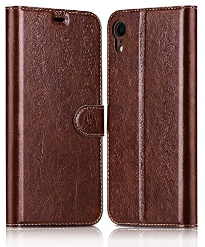 ELESNOW Case for iPhone XR, Glossy Leather Wallet Flip Cover with Magnetic Closure Compatible with Apple iPhone XR- 6.1 inch (Dark Brown)