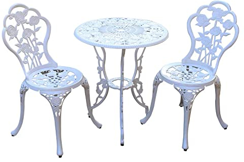 JARDIN DE CENTENNIAL Terrassen-Bistro-Set. Rostbeständiges Bistrotisch-Set aus Aluminiumguss mit Schirmloch für den Hinterhof (Rosenweiß)
