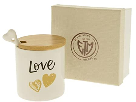 Formoso Bomboniera Zuccheriera Porcellana Bianca e Legno Scritta Love h 8 cm con Scatola Art 02A019