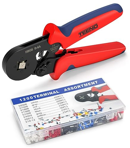 TEENO Pinza Crimpatrice Capicorda AWG23-10/0.25-10mm² con 1200 Capicorda Isolati a Crimpare, Connettori Elettrici a Crimpare Pinze professionali per elettricista