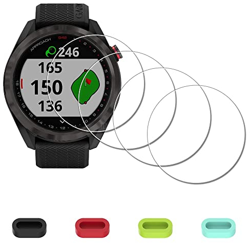 iDaPro Protector Pantalla para Garmin Approach S42 Reloj Inteligente Cristal Templado+ Tapones de Silicona Antipolvo [4 +4 unidades], Vidrio Tempered Glass Screen Protector accesorios