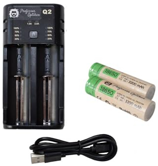 Professor Optiken Universal-Batterie-Ladegerät/für Lithium-Ionen (Li-Ion) und Nickel-Metall Akkus (NI-MH), 1-2A, 2er/2-fach - Yonii Q2 (inkl. 2er-Set / 2X Akku - Typ: 18650)