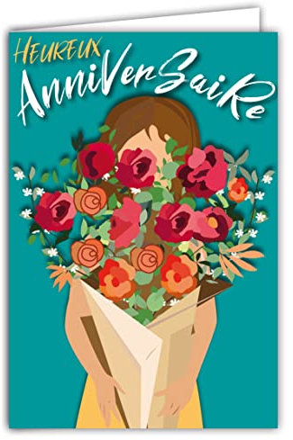 Carte Heureux Anniversaire Fille Femme Bouquet de Fleurs Roses Illustration avec Enveloppe Format 12x17,5cm Papier 300gr Brillant issu de forêts gérées durablement Fabriqué en France AFIE 69-8052