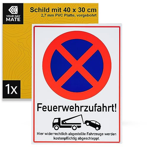 Hinweisschild Feuerwehrzufahrt!, 1 Stück, 40 x 30 cm, 2,7 mm starkes PVC Schild mit Bohrlöchern, Einfahrt- und Ausfahrt Schild für Innen- und Außenbereich, Halteverbot Warnschild, Parken verboten