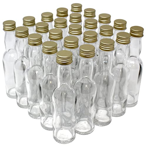 Aromhuset Lot de 25 bouteilles en verre vides de 40 ml avec col à whisky transparent avec bouchon à vis doré - À remplir avec des liqueurs, des digestifs, des épices et des décorations