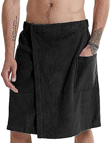 Jamron Hommes Ajustable Serviette de Bain Paréo de Sauna Jupe Serviette de Plage avec Poche pour Sauna Douche Piscine Plage & Sport Noir L
