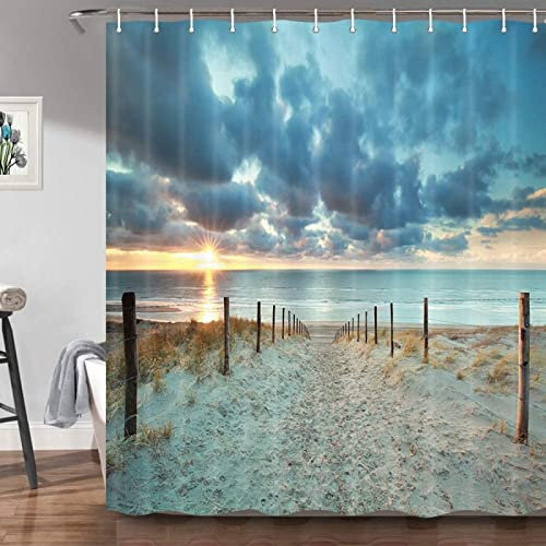 HATEGE Duschvorhang Anti-Schimmel Strand 3D Duschvorhänge 120x200 Ozean Duschvorhang Textil Waschbar Wsserdicht für Badezimmer Badewanne Badevorhang Bad