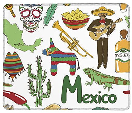 Mexiko Chili Pyramide Nachos Kaktus Musik gedruckt Gaming Mauspad, wasserdichtes rutschfestes Mauspad quadratisches Mauspad mit genähten Kanten für Gaming Büro Laptop Computer PC Männer Frauen 7 x 8,6