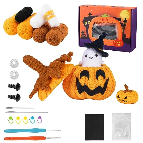PEUTIER Häkelset für Anfänger, Häkelset Halloween DIY Häkel-Kürbis-Set mit Lehrvideo für Erwachsene und Kinder Kunst und Bastelbedarf