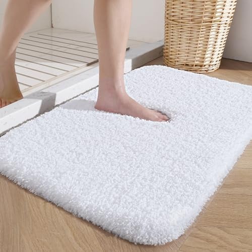 DEXI Microfiber Thick Bath Mat 40 x 60 cm, Ultra Soft and Absorbent Mats, Plush Fluffy Non-Slip Washable Rugs for Shower Floor, Bathroom Accessories Decor, White