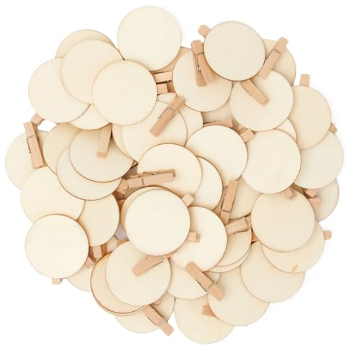 UTMACH 50 Stücke Holzklammern Natur mit Runder Scheibe Holzklammern mit DIY Chic Holz Rund 4.8cm Holz Klammern Bastelklammern Dekoklammern Mini Holzklammern für Fotos,Postkarten,Briefen