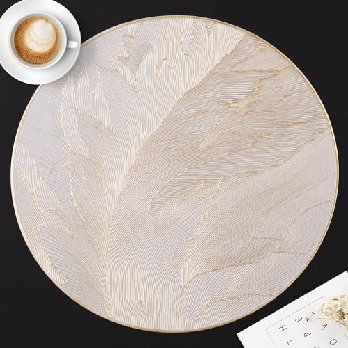 FAVE 6er Set Runde Platzsets Abwaschbar, Tischsets mit Goldnem Feder-Design, rutschfest & Abwaschbar für Tischdeko, Weihnachten, Hochzeit und Feste (Gold)