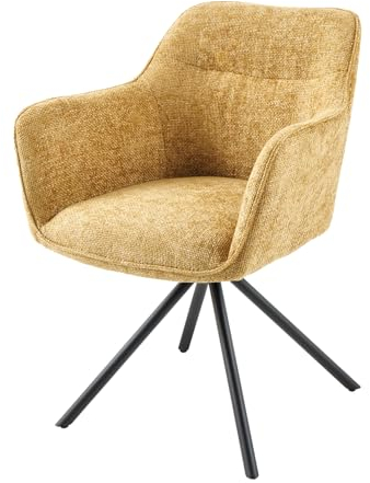Riess Ambiente Drehbarer Stuhl Verona senfgelb Strukturstoff mit Armlehne Metallbeine schwarz Esszimmerstuhl Küchenstuhl