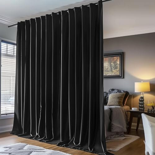 PANOVOUS Raumtrenner Vorhang Blickdicht Schwarz, Extra breite Gardinen, Schwerer Vorhang Kälteschutz, Raumtrenner Rod Pocket Schal, 1 Stück L 254 x H 214 cm, Schwarz