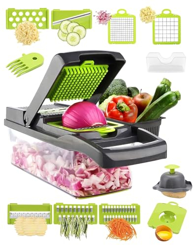 15 in 1 Vegetable Chopper, Veg Chopper and Dicer with 1.2L Container & Draining Basket, Kitchen Multifunctional Mandoline Vegetable Slicer for Veggies, Onion, Garlic, Potatoes and Salads (Grey)