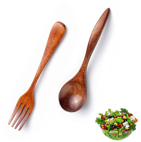 VireEyU Service à salade en bois, 2 pièces, couverts rustiques comprenant une fourchette et une cuillère à salade, ustensiles de cuisine pour salades, Aspect bois naturel pour la cuisine (17,5 cm)