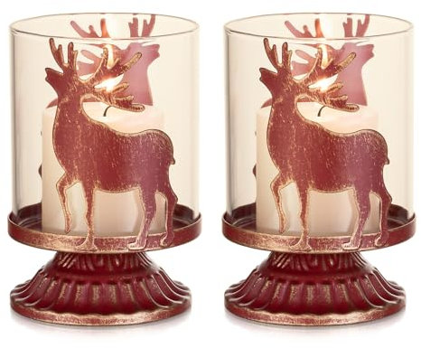 Sziqiqi Kerzenständer für Weihnachtsdeko Rot: Teelichthalter Hirsch mit Windlicht Glas 2 Stück Dekorative Geweih Kerzenhalter Stumpenkerzen für Weihnachten Xmas Tisch Fensterbank Dekor
