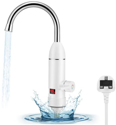 Instant Hot Water Tap, Electric Hot Water Tap UK Plug, 220V 3000W Stainless Electric Tap, 360° Rotate Hot and Cold Mixer Water Tap with LED Digital Display for Kitchen Bathroom Washroom