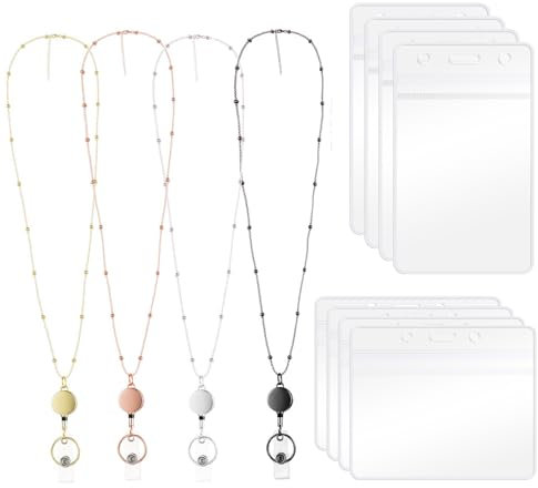 X-BLTU 4 Stück Einziehbarem Abzeichenhalter und Schlüsselring, Mode Perlen Lanyard mit 8 Stück Transparente Kartenhalter für Frauen, Lehrer, Studenten (Gold, Rose Gold, Silber, Schwarz)