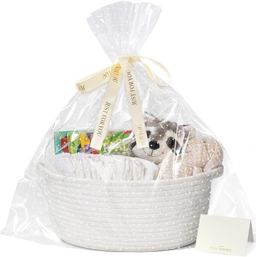 TIMEYARD Small Basket for Gifts, Easter Basket White Empty Gift Baskets with Bags & Ribbons Durable Rope Storage Baskets for Kids, 30 x 20 x 12 cm, White