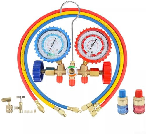 R12 R22 für R134A R502 Krümmermessgerät-Set, HVAC A/C Lade-Service-Kit, mit 3 Schläuchen, Schauglas, Schnellanschlüsse für Auto Home Klimaanlage