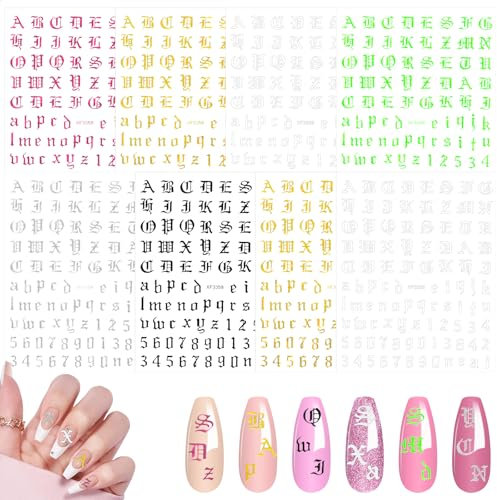 8 Bögen Nagel Aufkleber, 640 Stück 3D Römische Ziffern Alphabet Nagelsticker Selbstklebend Nail Mode Nagel Stickers Buchstaben Aufkleber Retro Nailart Sticker, DIY Maniküre