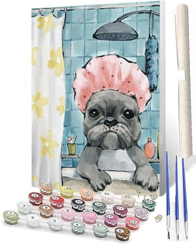WMZPOY Paint by Numbers for AdultsDIY Canvas Oil Painting Kit Acrylic Bathing Bago Dog CraftsPainting Kits with Paint Brushes Frameless for Home Wall Decor Gifts 40x50cm