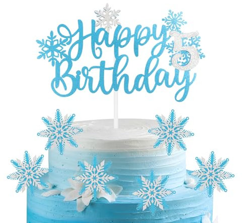 mciskin 7pcs Frozen Birtdhay Cake Toppers,Blue Snowflake 5th Birthday Decorations for Girl,5 Cake Topper,Frozen Cake Decorations,Blue Silver Cupcake Toppers for Snowflake Themed Party Decorations