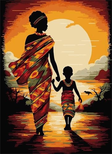 Peinture par Numéros pour Adultes, Coucher de soleil femme africaine Peinture Numero Adulte Kits, DIY Kits de Peinture à L'huile pour Cadeaux et Décoration Murale de la Maison 40x50cm(sans Cadre)
