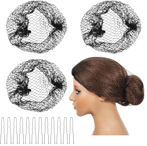 Ballett-Haarnetze, Haarnetze für Lebensmitteldienstmitarbeiter, gehäkelte Netz-Haarnetze, schwarz, elastische Haargummis, dicke Haarnetze mit 40 U-förmigen, unsichtbaren Haarnadeln für Frauen, zum