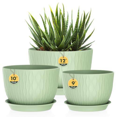 3 Pack Plastic Plant Pots,30/25/23CM,Large Plant Pots Indoor Flower Pots with Drainage Holes Saucer and Reservoir for All House Plants(Light Green)