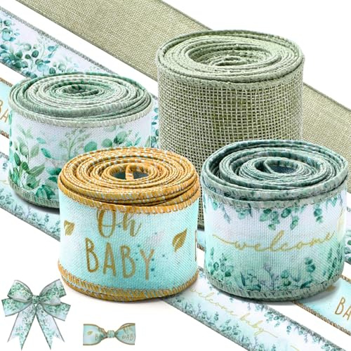 Waydress 4 Rolls Green Oh Baby Theme Ribbon 2.5 Inch Wired Baby Shower | Welcome Baby Green Theme Print, Diaper Cake Supplies Wreath Bows, Gift Wrapping DIY Crafts, Wide Wired Edge Rolls Set