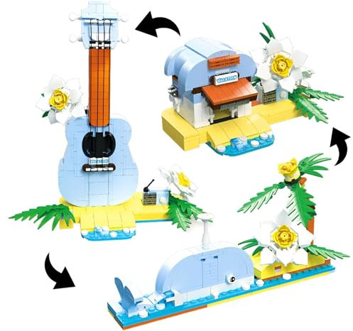 3 IN 1 Ukulelen Bausteine Bausatz, 415Stück Gitarren Wale Tropisches Strandhaus Modell Spielzeug, Kreativität Tierkonstruktionen Musikinstrumente Klemmbausteine, Ideen Geschenke für Kinder Erwachsene