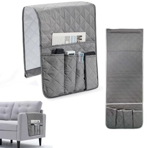 SJDOFU Couch Armrest Organizer, Armchair Caddy, Non-Slip Armrest Organiser Sofa Remote Control Holder for Phone Tray Tea Cup Pen Magazines(Grey)