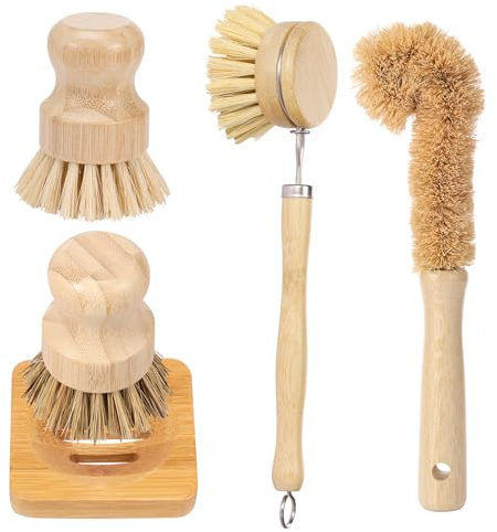 Lot De 5 Brosses à Vaisselle en Bois Brosse à Pot De Poils Longue Manche, Brosse Bouteille, 2 Brosse Cuisine avec Support Carré pour Nettoyer La Vaisselle Les Casseroles Eviers Bouteilles d'eau