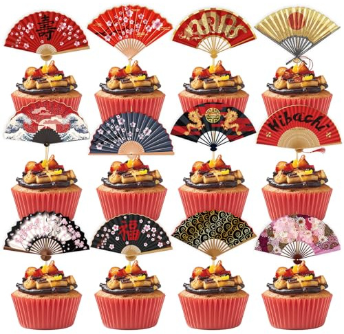 Gameza Hibachi Birthday Party Decorations - 24PCS Japanese Hibachi Party Decorations Japanese Style Paper Fans Cupcake Toppers Cupcake Picks Cake Decor Asian Baby Shower Wedding Birthday Supplies